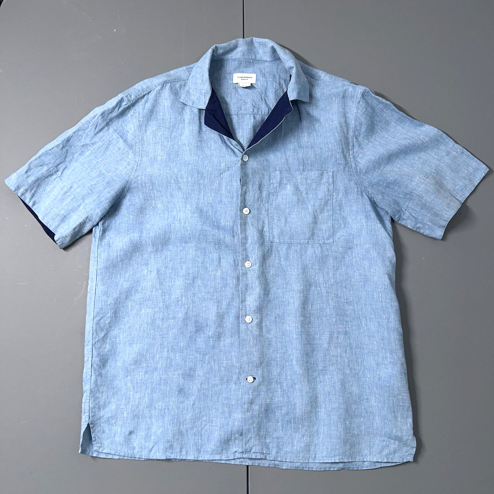 CLUB MONACO Linen Shirt Men's M Blue Linen Slim Fit Short Sleeve Woven